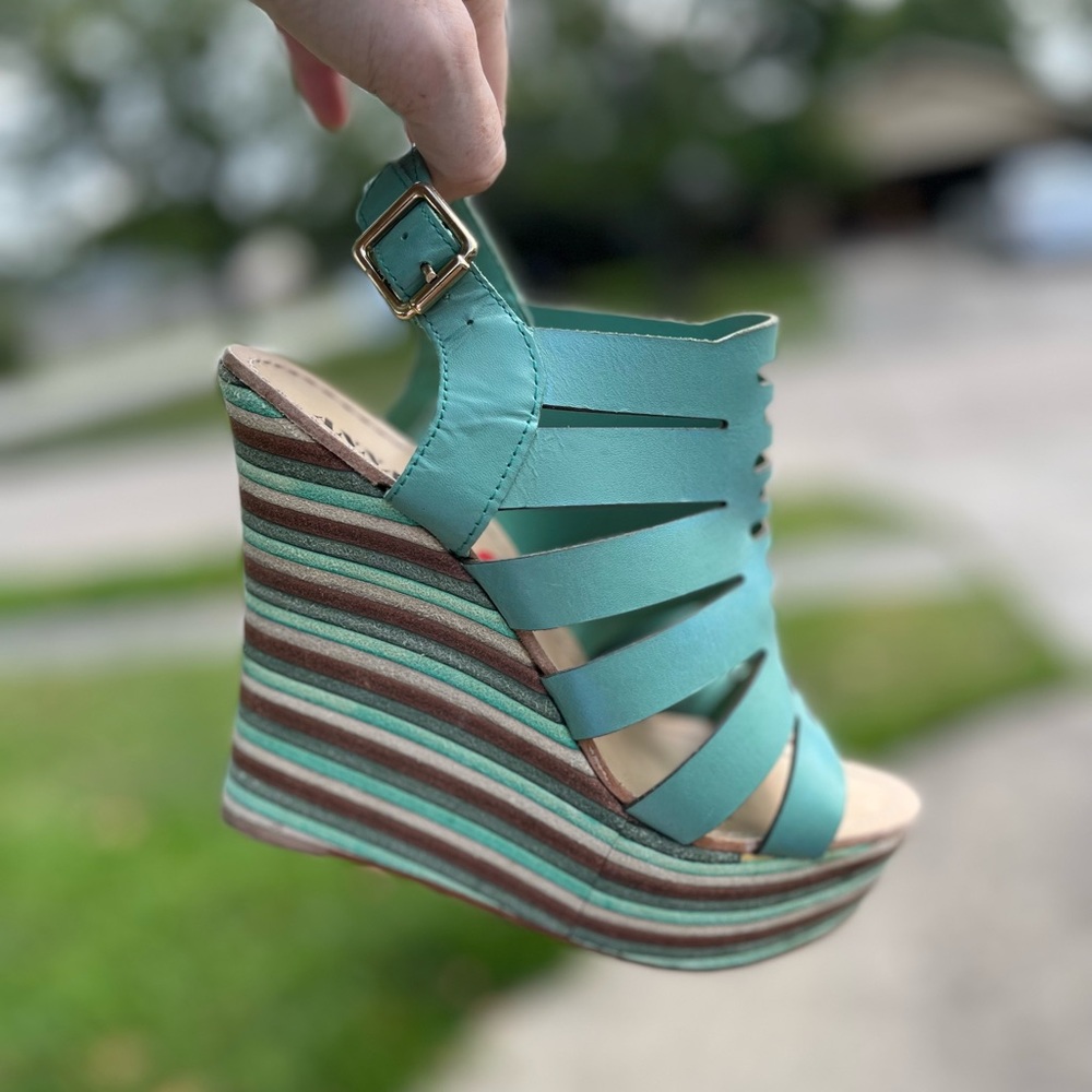 Anna Luz Bohemian Teal Leather Platform Wedge Sandals